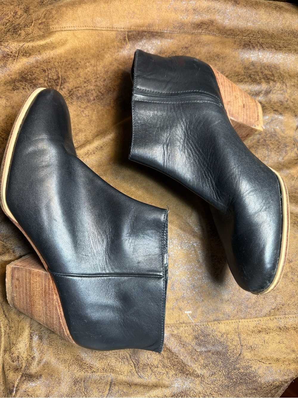 31. Rachel Comey Black Leather Ankle Booties with Wood Block Heel